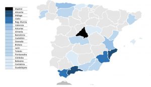 Mapa: Aproximación a los flujos de desplazamientos desde Madrid a partir de los municipios con más viajes durante la Semana Santa