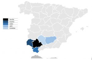 Mapa: aproximación a los flujos de desplazamientos desde Sevilla a partir de los municipios con más viajes durante la Semana Santa