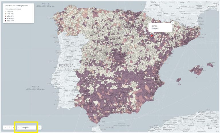 Mapa de España que muestra las zonas de cobertura de la Banda Ancha
