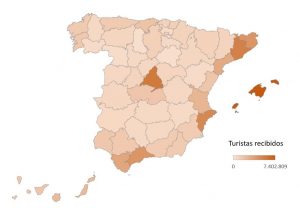 Distribución por provincias de los turistas de España en el verano de 2022